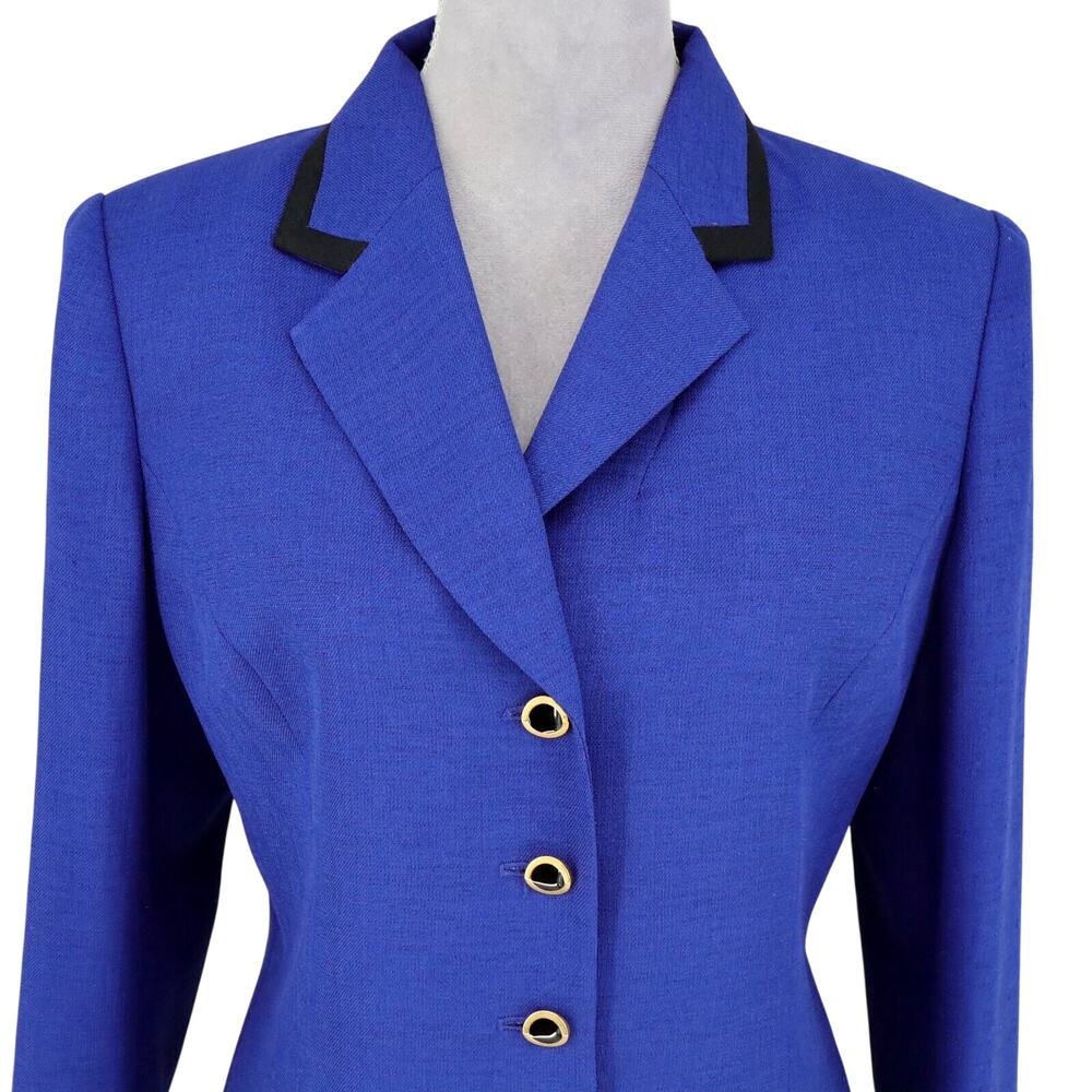 Kasper Jacket Petites 10P Blue Black Trim Lined Long Blazer Career Office - Picture 7 of 15